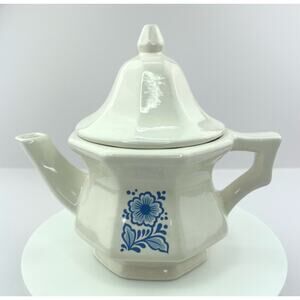 Vtg Avon Teapot Single Serve White Ceramic Blue Floral Design, Farmhouse Cottage